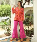 Tan Orange Printed Floral Blazer With Flared Pants