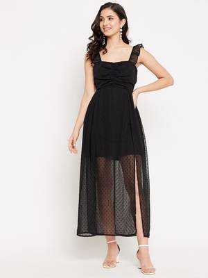 Black woven polyester long-dresses 1