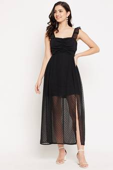 Black woven polyester long-dresses