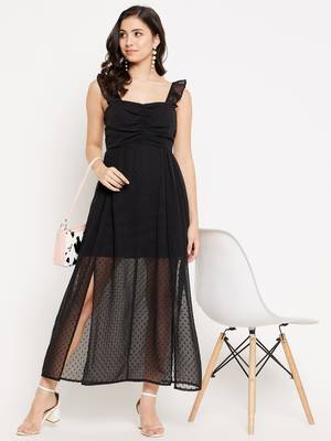 Black woven polyester long-dresses 2
