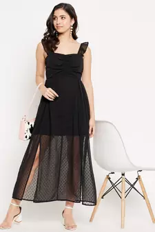 Black woven polyester long-dresses