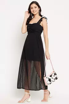 Black woven polyester long-dresses