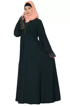 Fashionable Umbrella abaya with embroidery work - Bottle green
