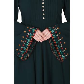 Fashionable Umbrella abaya with embroidery work - Bottle green 8