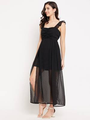 Black woven polyester long-dresses 4