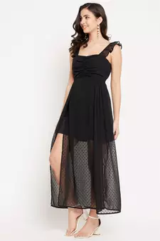Black woven polyester long-dresses