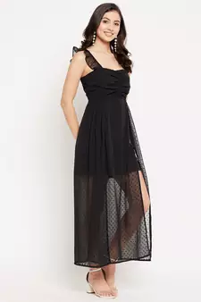 Black woven polyester long-dresses