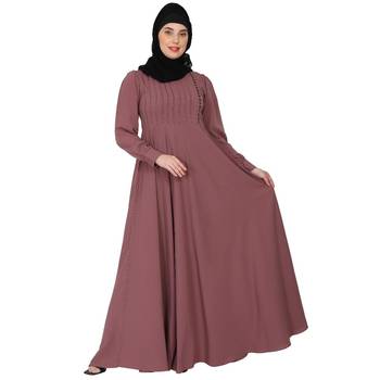 Umbrella abaya with potli buttons neck design- Puce pink 2
