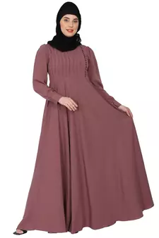 Umbrella abaya with potli buttons neck design- Puce pink