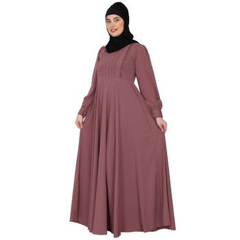 Umbrella abaya with potli buttons neck design- Puce pink 4