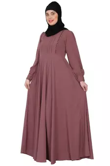 Umbrella abaya with potli buttons neck design- Puce pink