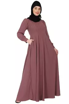 Umbrella abaya with potli buttons neck design- Puce pink