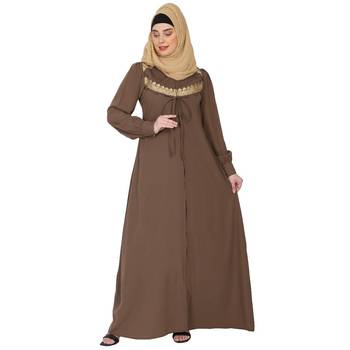 Zipper Front open pleated abaya with lace work- Beige 1