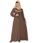 Zipper Front open pleated abaya with lace work- Beige