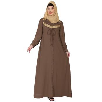 Zipper Front open pleated abaya with lace work- Beige 2