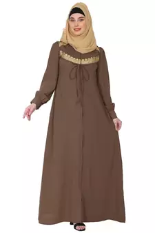 Zipper Front open pleated abaya with lace work- Beige