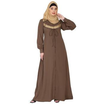 Zipper Front open pleated abaya with lace work- Beige 3