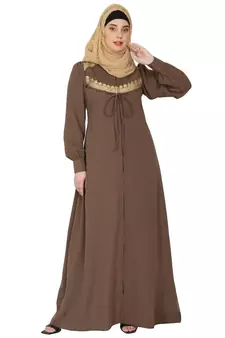 Zipper Front open pleated abaya with lace work- Beige