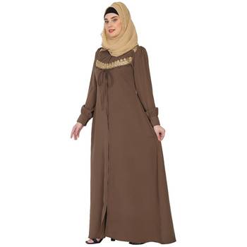 Zipper Front open pleated abaya with lace work- Beige 4