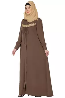 Zipper Front open pleated abaya with lace work- Beige