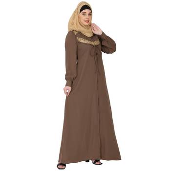 Zipper Front open pleated abaya with lace work- Beige 5
