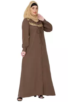 Zipper Front open pleated abaya with lace work- Beige