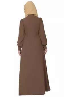 Zipper Front open pleated abaya with lace work- Beige