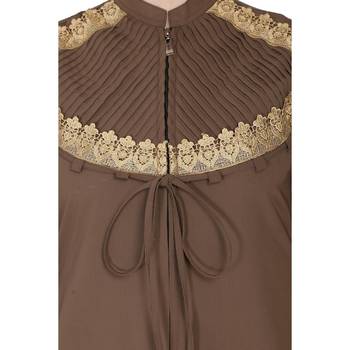 Zipper Front open pleated abaya with lace work- Beige 7