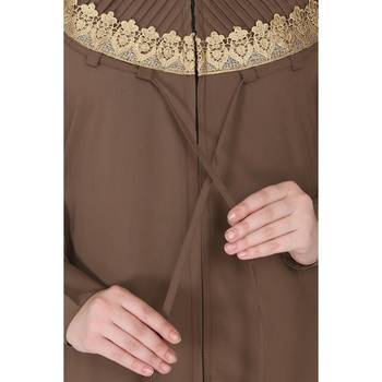 Zipper Front open pleated abaya with lace work- Beige 8