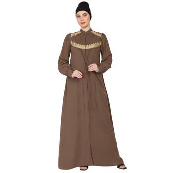 Zipper Front open pleated abaya with lace work- Beige 9