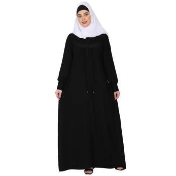 Zipper Front open pleated abaya with lace work- Black 1