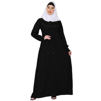 Zipper Front open pleated abaya with lace work- Black 2