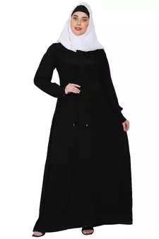 Zipper Front open pleated abaya with lace work- Black