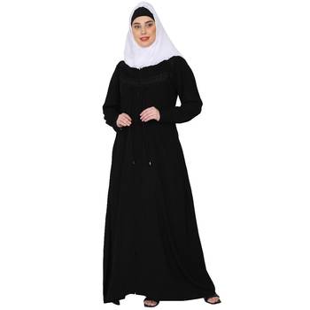 Zipper Front open pleated abaya with lace work- Black 3