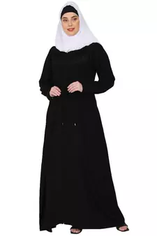 Zipper Front open pleated abaya with lace work- Black