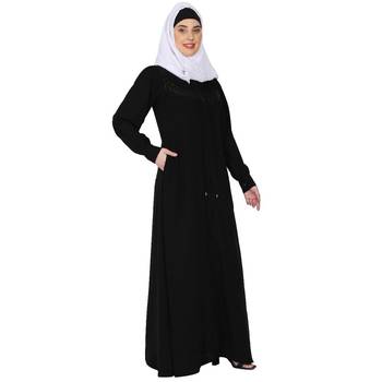 Zipper Front open pleated abaya with lace work- Black 4