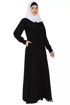 Zipper Front open pleated abaya with lace work- Black