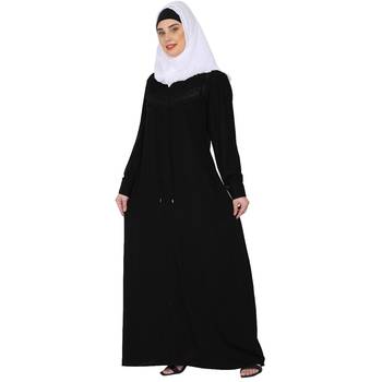 Zipper Front open pleated abaya with lace work- Black 5