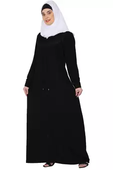 Zipper Front open pleated abaya with lace work- Black