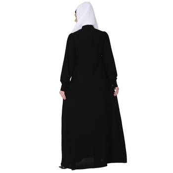 Zipper Front open pleated abaya with lace work- Black 6