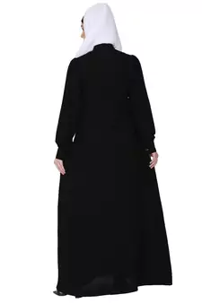 Zipper Front open pleated abaya with lace work- Black