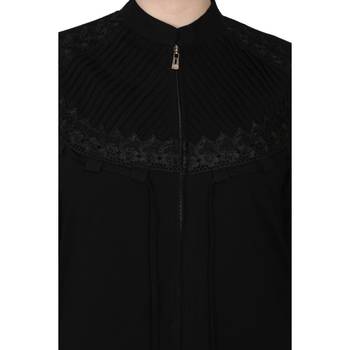 Zipper Front open pleated abaya with lace work- Black 8