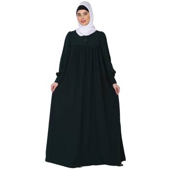 Casual cuff sleeves pleated abaya- Bottle green 1