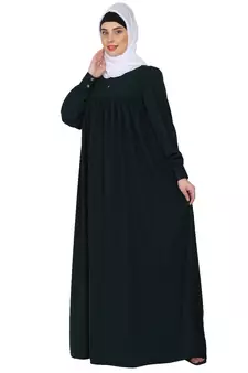 Casual cuff sleeves pleated abaya- Bottle green