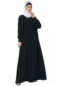 Casual cuff sleeves pleated abaya- Bottle green