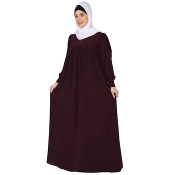 Casual cuff sleeves pleated abaya- Burgundy 3