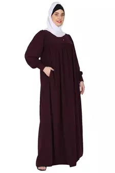 Casual cuff sleeves pleated abaya- Burgundy