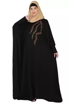 Embroidery Kaftan with pleated sleeves- Black