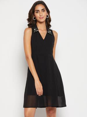 Black embroidered polyester long-dresses 2