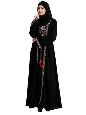 Layered abaya with embroidery work-Black 1
